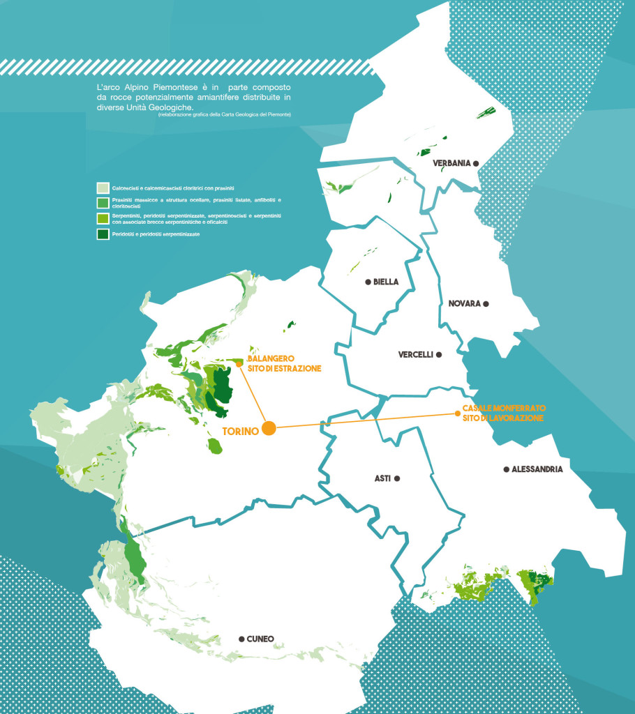 Mappa del Piemonte con i principali affioramenti naturali di rocce potenzialmente amiantifere